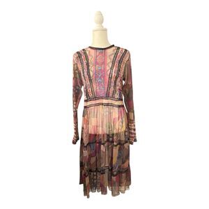 Johnny Was Biya Gervase Mesh Midi Dress Long Sleeve Embroidered Medium No Slip
